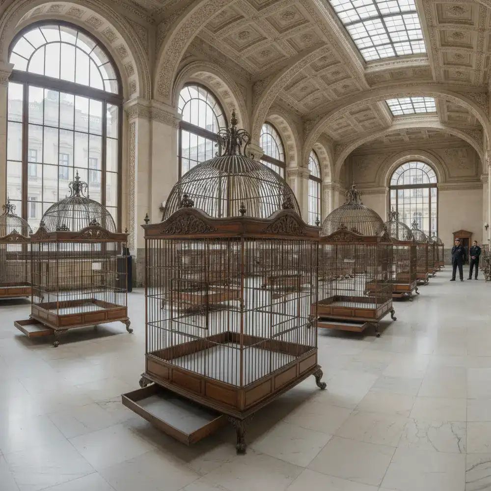 Panoramica delle gabbie espositive nel padiglione
