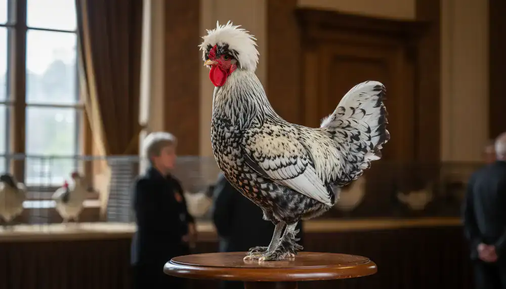 Esemplare di gallina ornamentale in posa durante un'esposizione